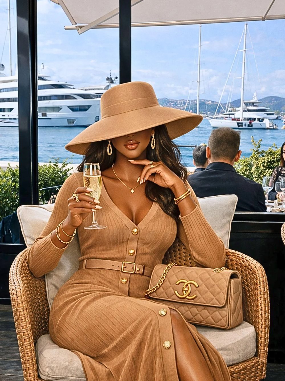 Woman in a wide-brim hat with a Chanel bag at a waterfront terrace