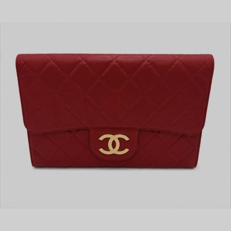 Chanel Classic Quilted Red Clutch, Jumbo